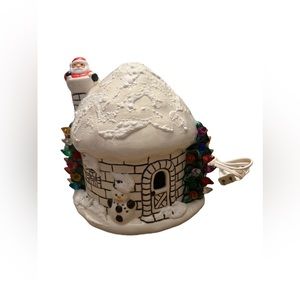 Christmas Dome Ceramic House with Santa + Snowman Light Up Vintage - Not Working